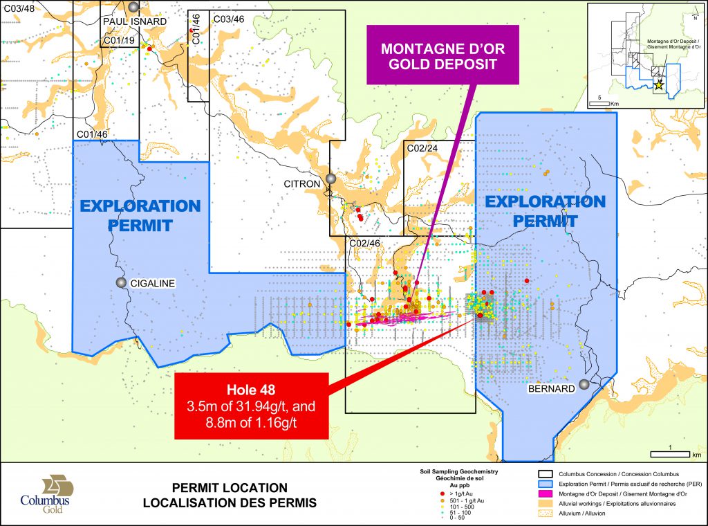 Exploration permits on strike of the east and west extensions of Montagne d'Or